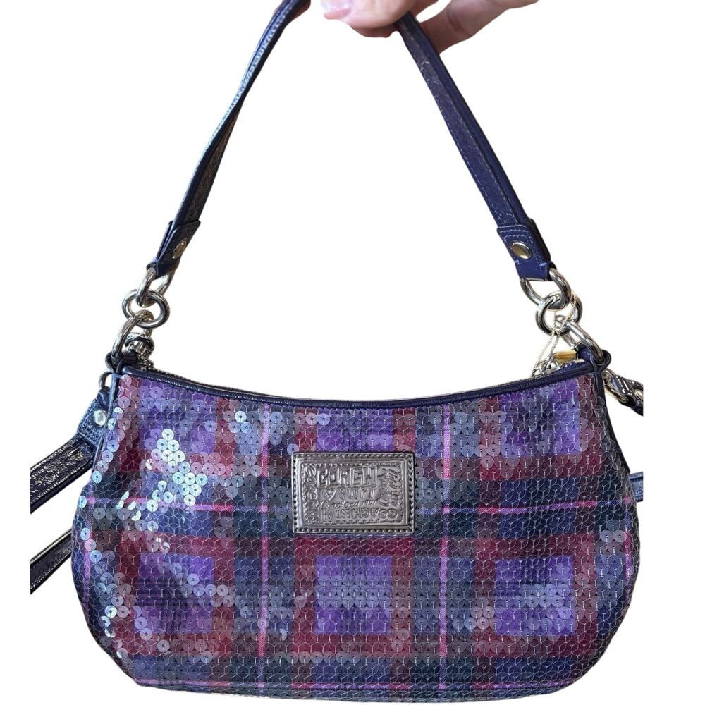 Coach poppy tartan groovy sequin shoulder bag purple